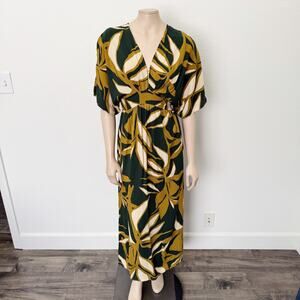 [Dress Forum] Green Tropical Print Side Slit Smocked Back Maxi Dress Sz Medium M